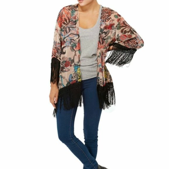 Sans Souci Tops - Sans Souci, tan orange green blue black kimono fringe cardigan, large